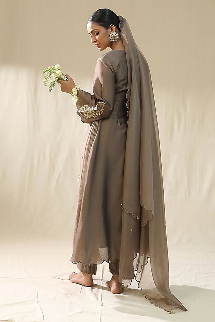Mocha Colored Chanderi Silk A-Line Kurta Set by Arpita Sulakshana at Pernia's Pop Up Shop