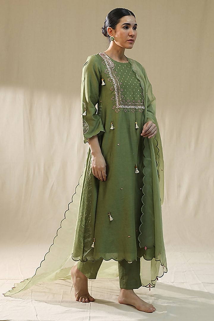 Pista Green Chanderi Silk A-Line Kurta Set by Arpita Sulakshana at Pernia's Pop Up Shop