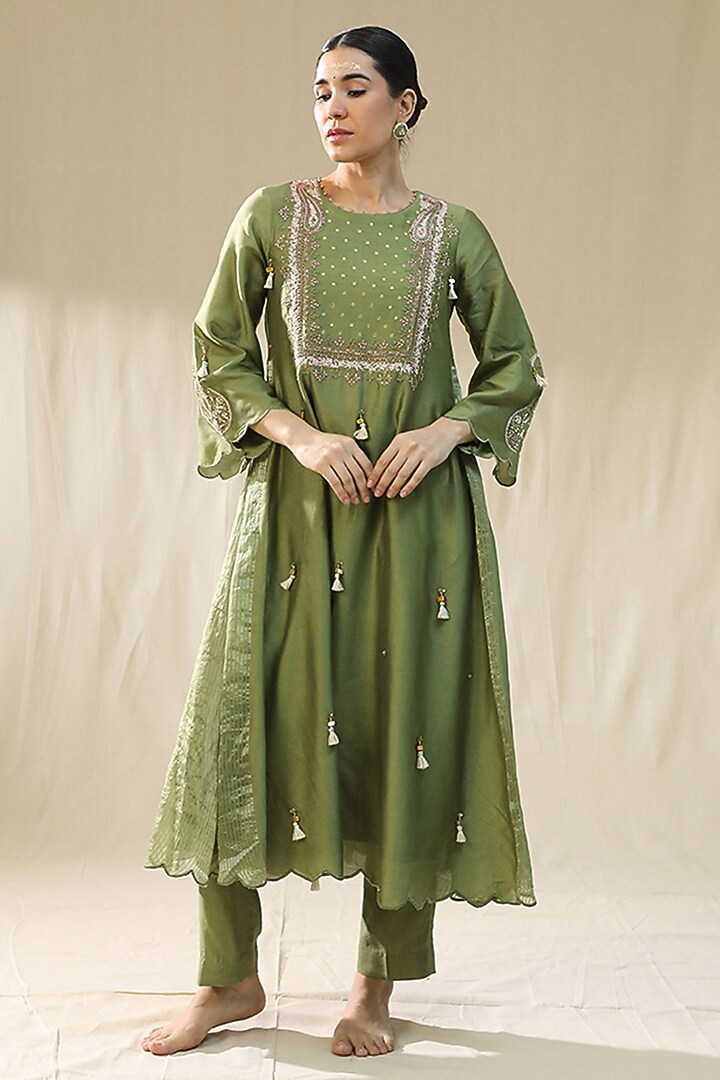 Pista Green Chanderi Silk A-Line Kurta Set by Arpita Sulakshana at Pernia's Pop Up Shop