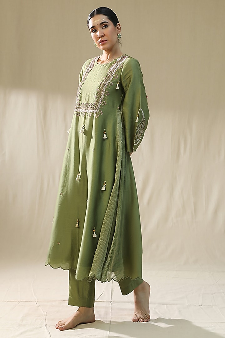 Pista Green Chanderi Silk A-Line Kurta Set by Arpita Sulakshana at Pernia's Pop Up Shop