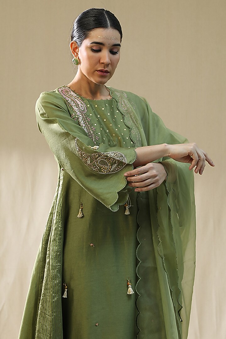 Pista Green Chanderi Silk A-Line Kurta Set by Arpita Sulakshana at Pernia's Pop Up Shop