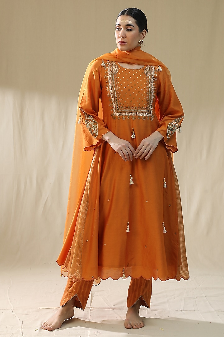 Orange Chanderi Silk A-Line Kurta Set by Arpita Sulakshana at Pernia's Pop Up Shop