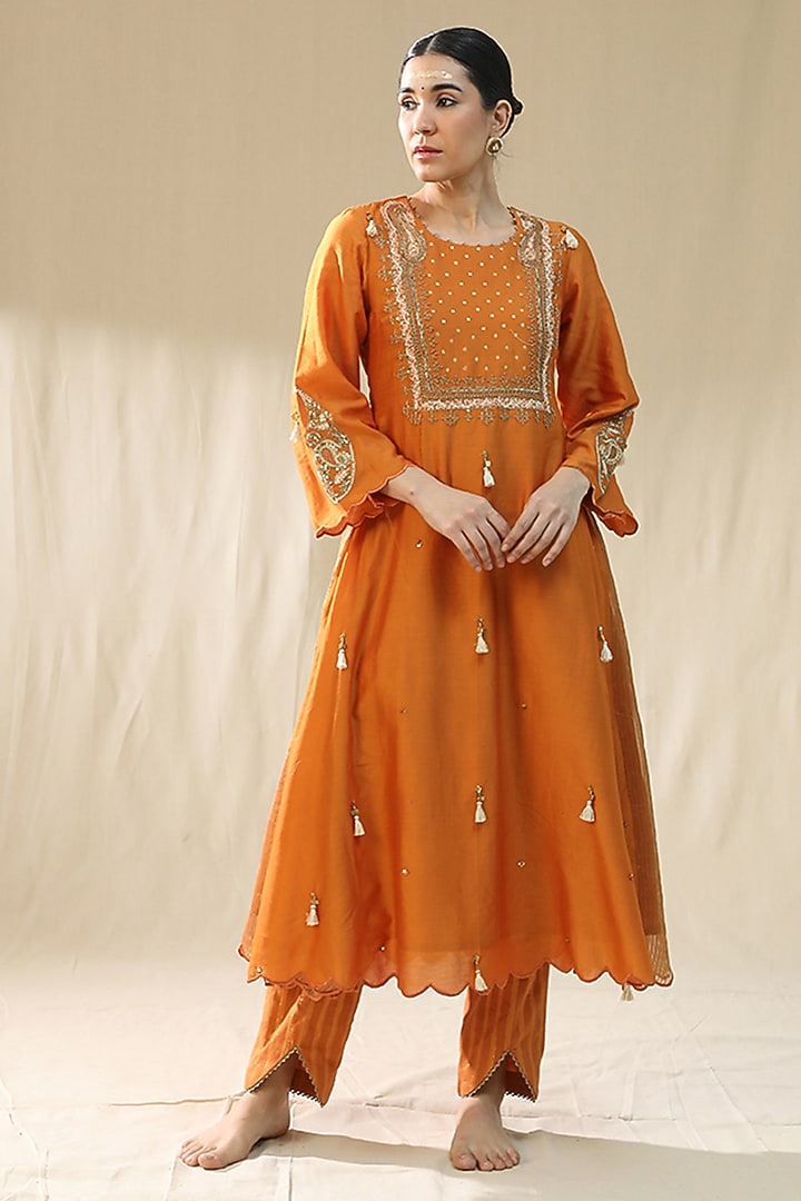 Orange Chanderi Silk A-Line Kurta Set by Arpita Sulakshana at Pernia's Pop Up Shop