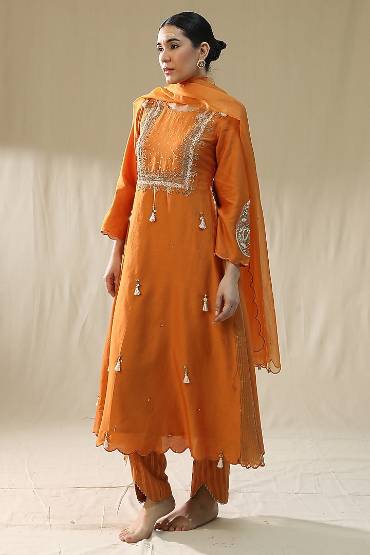 Orange Chanderi Silk A-Line Kurta Set by Arpita Sulakshana at Pernia's Pop Up Shop