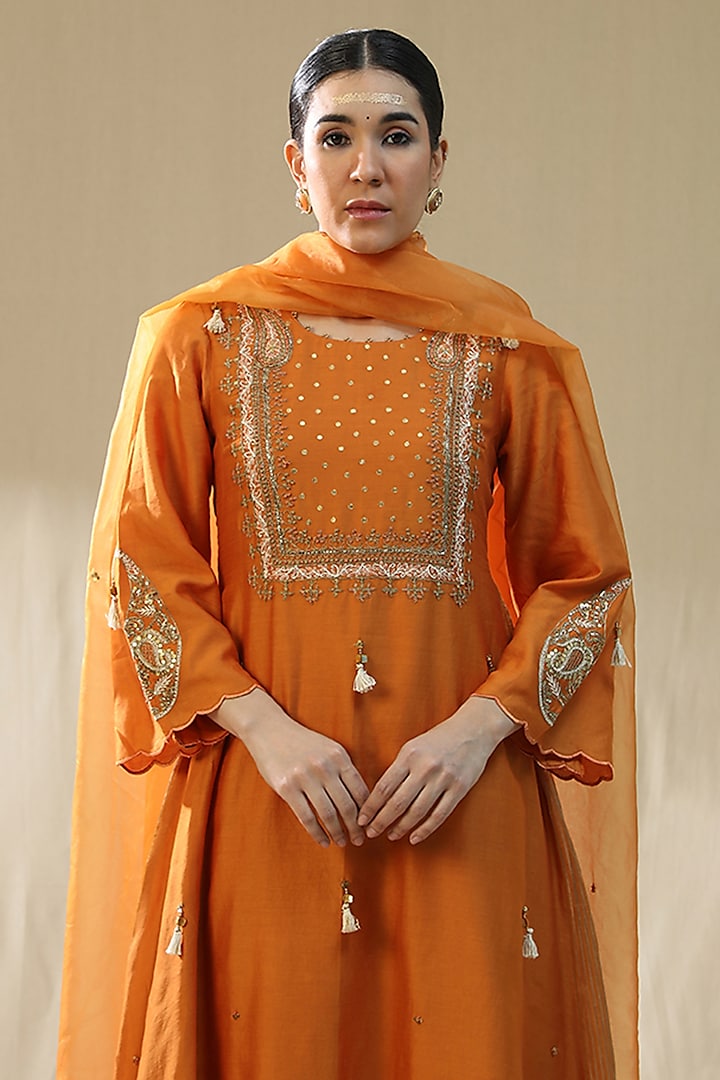 Orange Chanderi Silk A-Line Kurta Set by Arpita Sulakshana at Pernia's Pop Up Shop