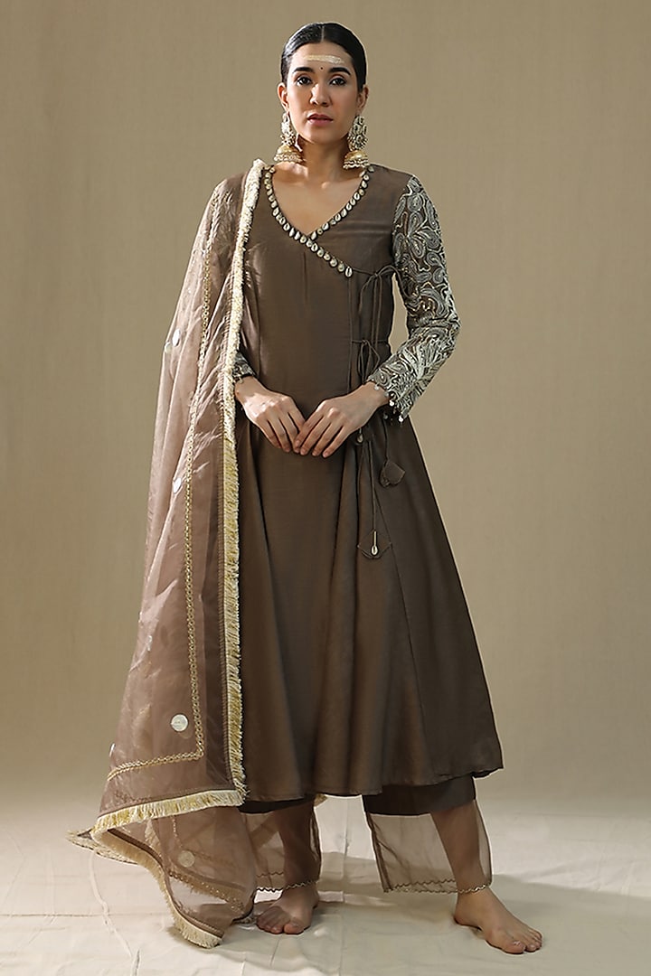 Mocha Colored Chanderi Silk Angrakha Kurta Set by Arpita Sulakshana at Pernia's Pop Up Shop