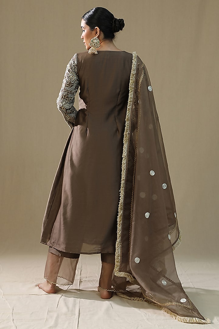 Mocha Colored Chanderi Silk Angrakha Kurta Set by Arpita Sulakshana at Pernia's Pop Up Shop