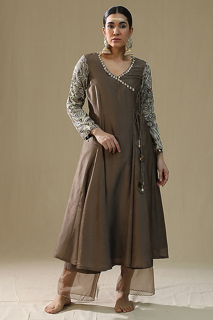 Mocha Colored Chanderi Silk Angrakha Kurta Set by Arpita Sulakshana at Pernia's Pop Up Shop