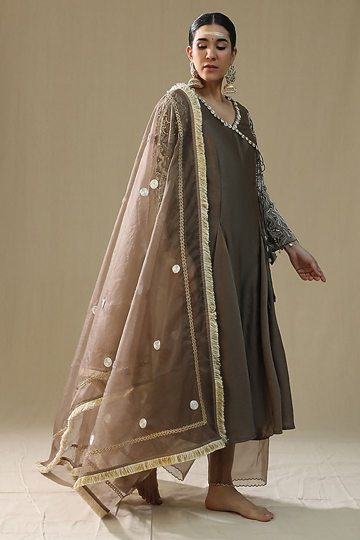 Mocha Colored Chanderi Silk Angrakha Kurta Set by Arpita Sulakshana at Pernia's Pop Up Shop