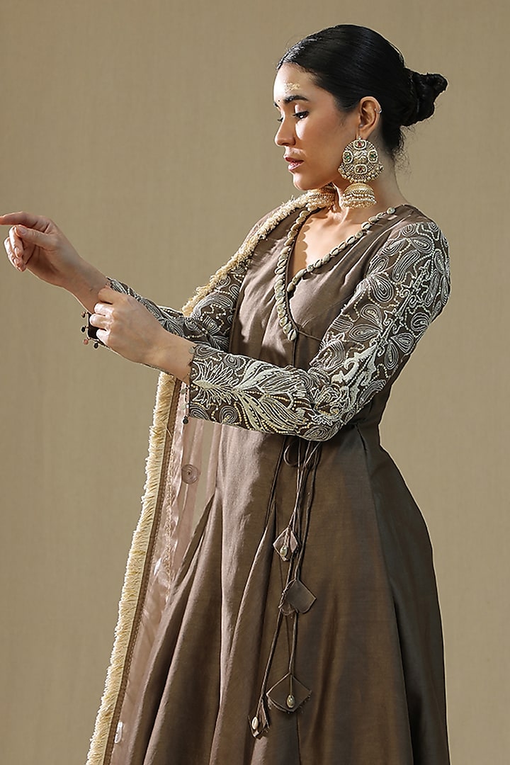 Mocha Colored Chanderi Silk Angrakha Kurta Set by Arpita Sulakshana at Pernia's Pop Up Shop