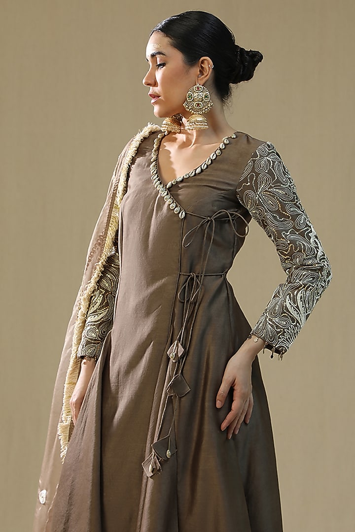 Mocha Colored Chanderi Silk Angrakha Kurta Set by Arpita Sulakshana at Pernia's Pop Up Shop