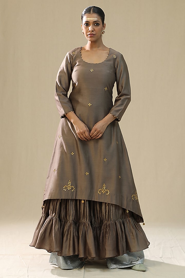 Mocha Colored Chanderi Silk Gota Patti Work Kurta Set by Arpita Sulakshana at Pernia's Pop Up Shop