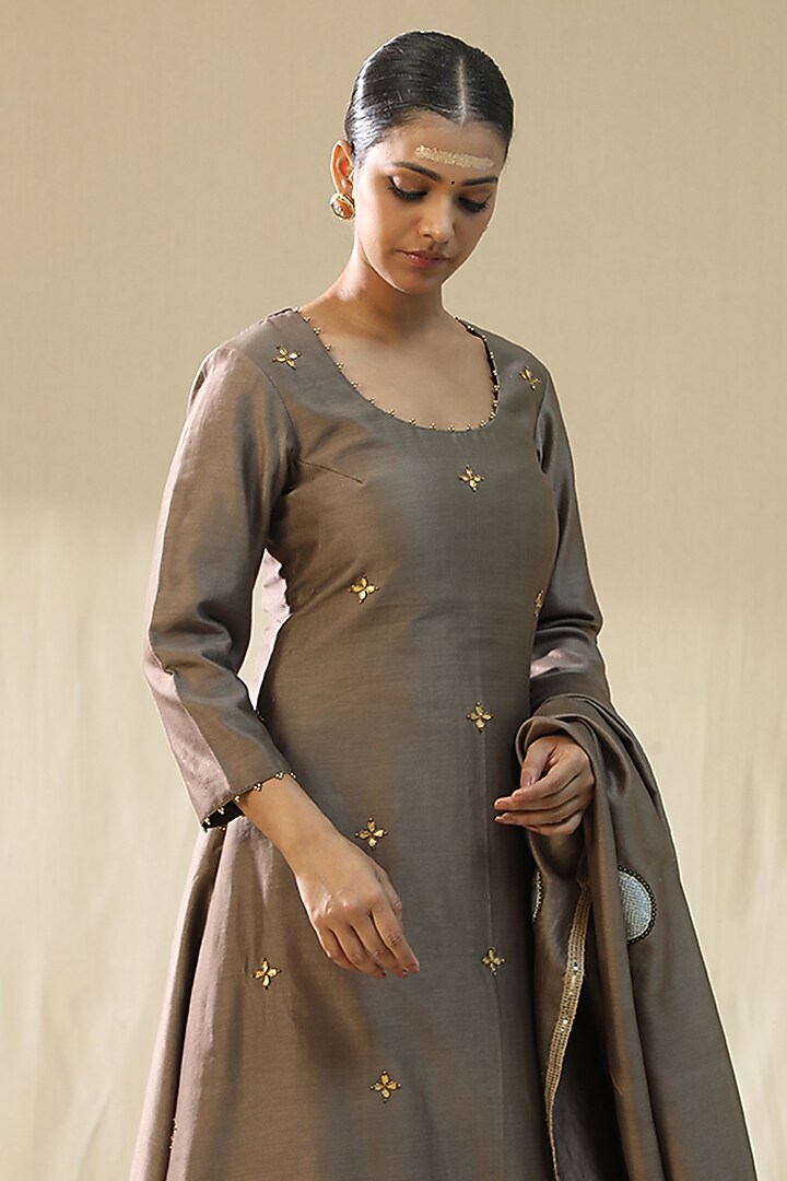 Mocha Colored Chanderi Silk Gota Patti Work Kurta Set by Arpita Sulakshana at Pernia's Pop Up Shop