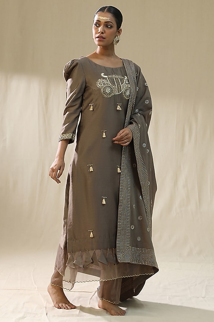 Mocha Colored Chanderi Silk Kurta Set by Arpita Sulakshana at Pernia's Pop Up Shop