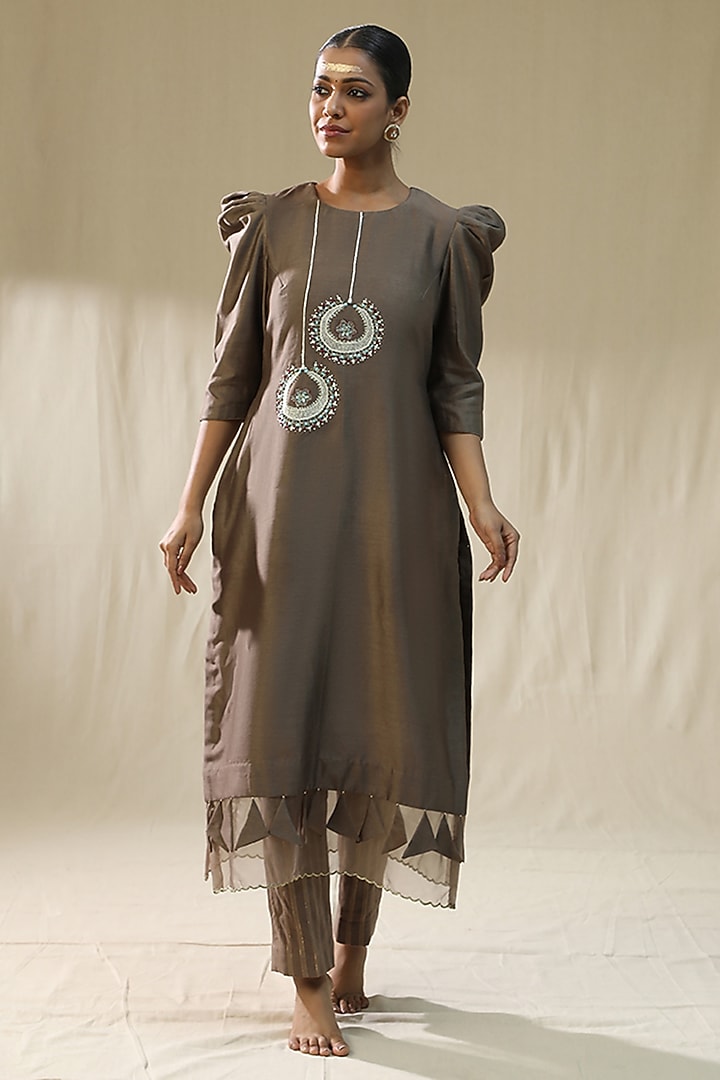 Mocha Colored Chanderi Silk Kurta Set by Arpita Sulakshana at Pernia's Pop Up Shop