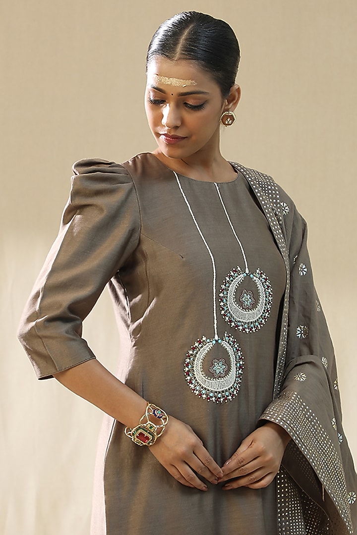 Mocha Colored Chanderi Silk Kurta Set by Arpita Sulakshana at Pernia's Pop Up Shop