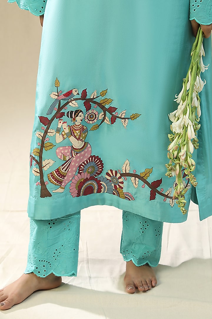 Sky Blue Summer Silk Handpainted Kurta Set by Arpita Sulakshana at Pernia's Pop Up Shop