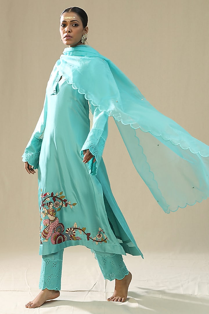 Sky Blue Summer Silk Handpainted Kurta Set by Arpita Sulakshana at Pernia's Pop Up Shop