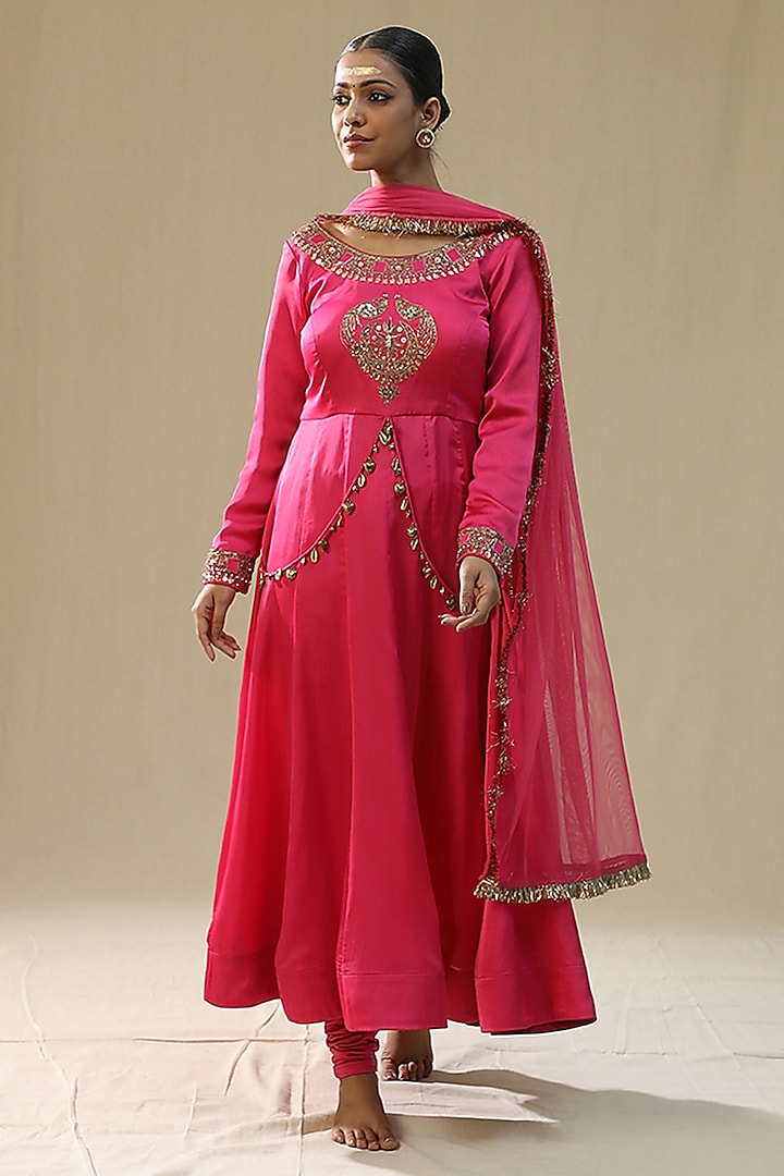 Hot Pink Chiffon Silk Party Wear Anarkali Set by Arpita Sulakshana at Pernia's Pop Up Shop
