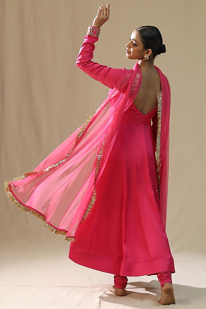 Hot Pink Chiffon Silk Wedding Anarkali Set by Arpita Sulakshana at Pernia's Pop Up Shop
