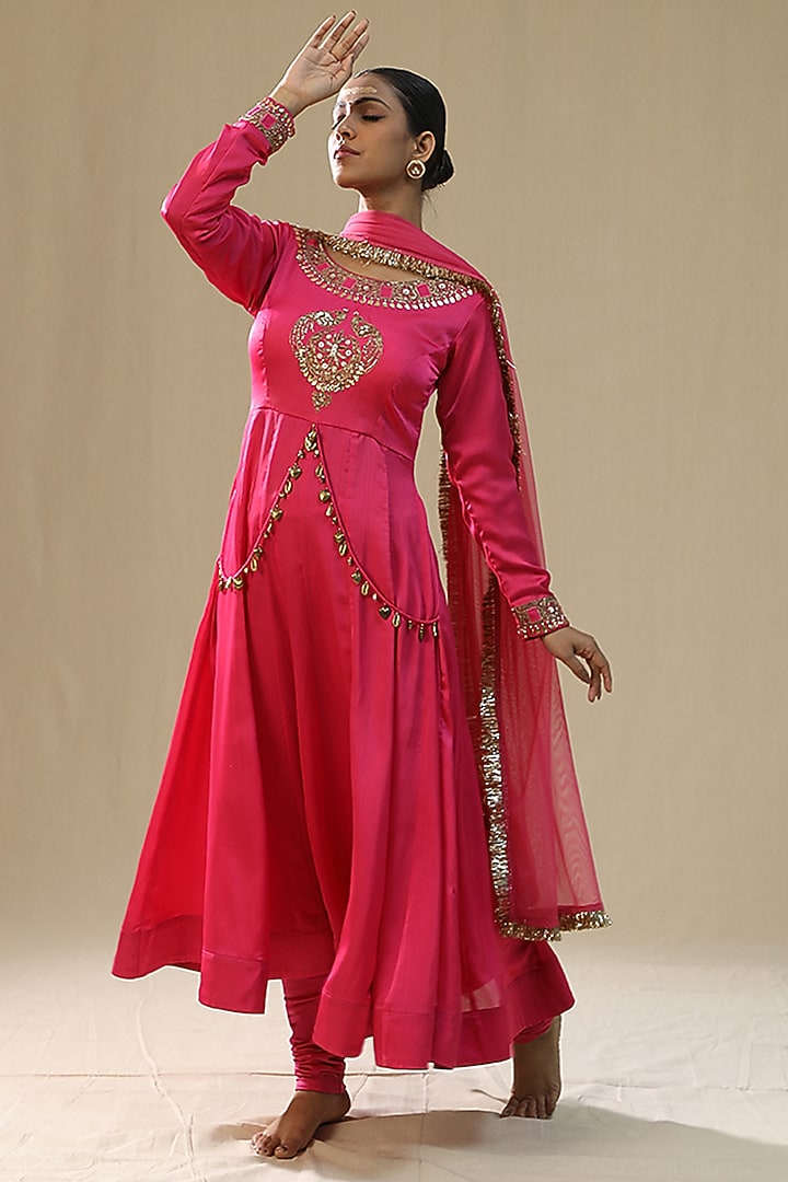 Hot Pink Chiffon Silk Wedding Anarkali Set by Arpita Sulakshana at Pernia's Pop Up Shop