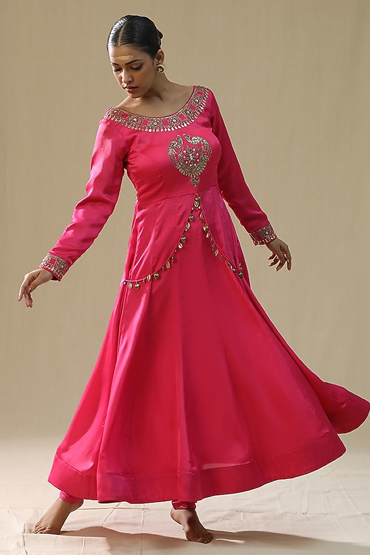 Hot Pink Chiffon Silk Wedding Anarkali Set by Arpita Sulakshana at Pernia's Pop Up Shop