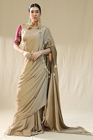 Golden Chiffon Silk Pre-Stitched Saree Set by Arpita Sulakshana