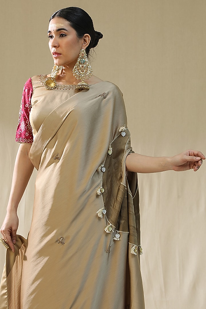 Golden Chiffon Silk Pre-Stitched Wedding Saree Set by Arpita Sulakshana at Pernia's Pop Up Shop