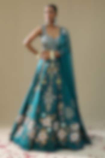 Teal Green Raw Silk Handpainted Wedding Lehenga Set by Arpita Sulakshana at Pernia's Pop Up Shop
