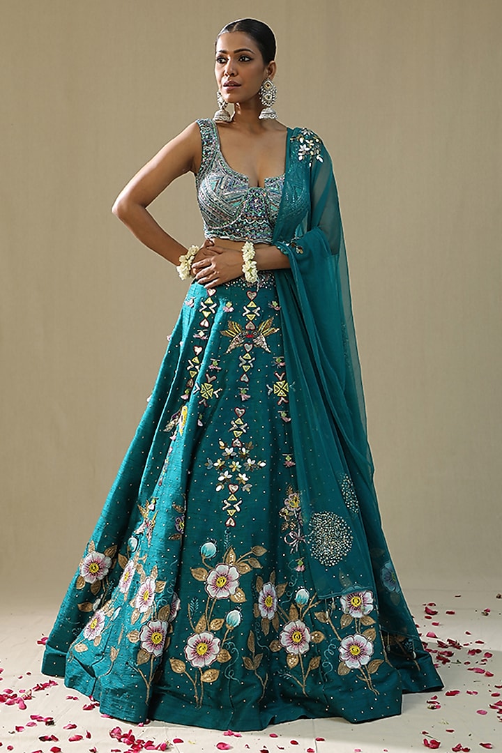 Teal Green Raw Silk Handpainted Wedding Lehenga Set by Arpita Sulakshana at Pernia's Pop Up Shop