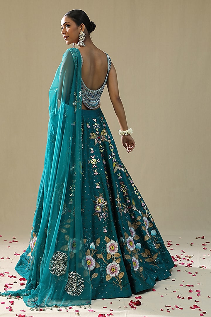Teal Green Raw Silk Handpainted Wedding Lehenga Set by Arpita Sulakshana at Pernia's Pop Up Shop