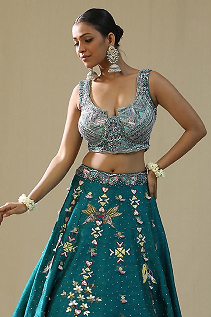 Teal Green Raw Silk Handpainted Wedding Lehenga Set by Arpita Sulakshana at Pernia's Pop Up Shop