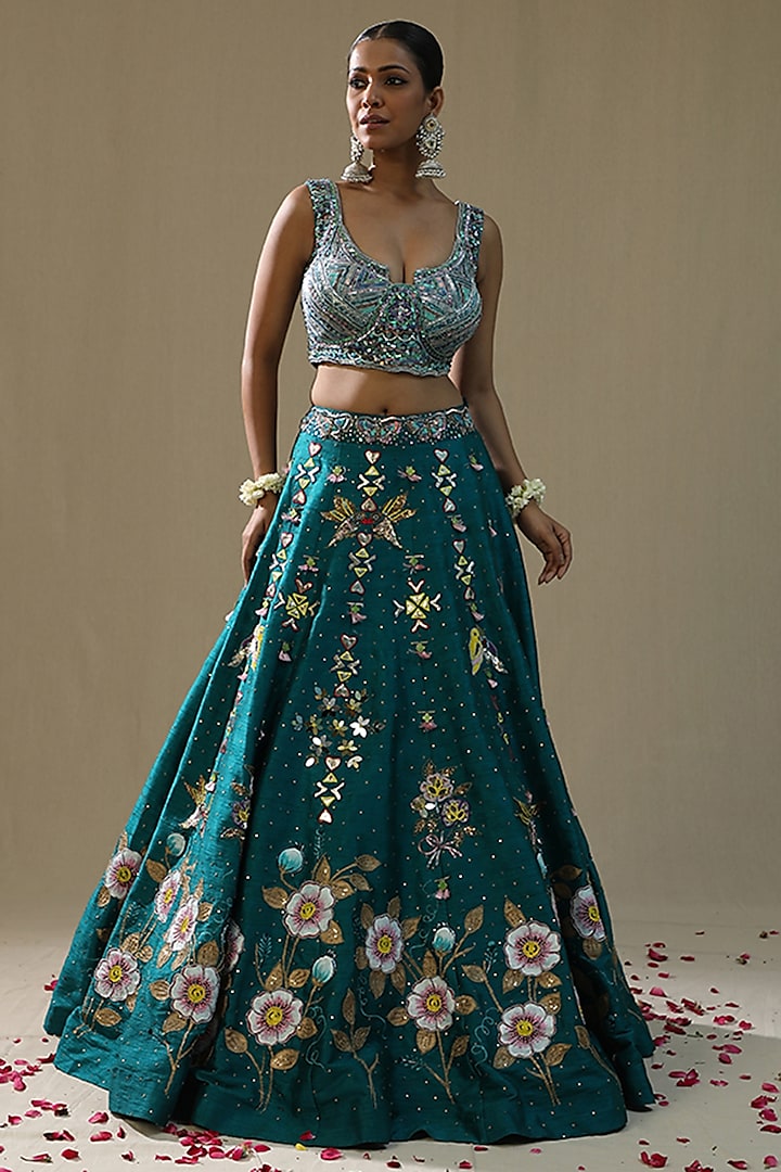 Teal Green Raw Silk Handpainted Wedding Lehenga Set by Arpita Sulakshana at Pernia's Pop Up Shop