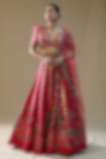Hot Pink Raw Silk Handpainted Wedding Lehenga Set by Arpita Sulakshana at Pernia's Pop Up Shop
