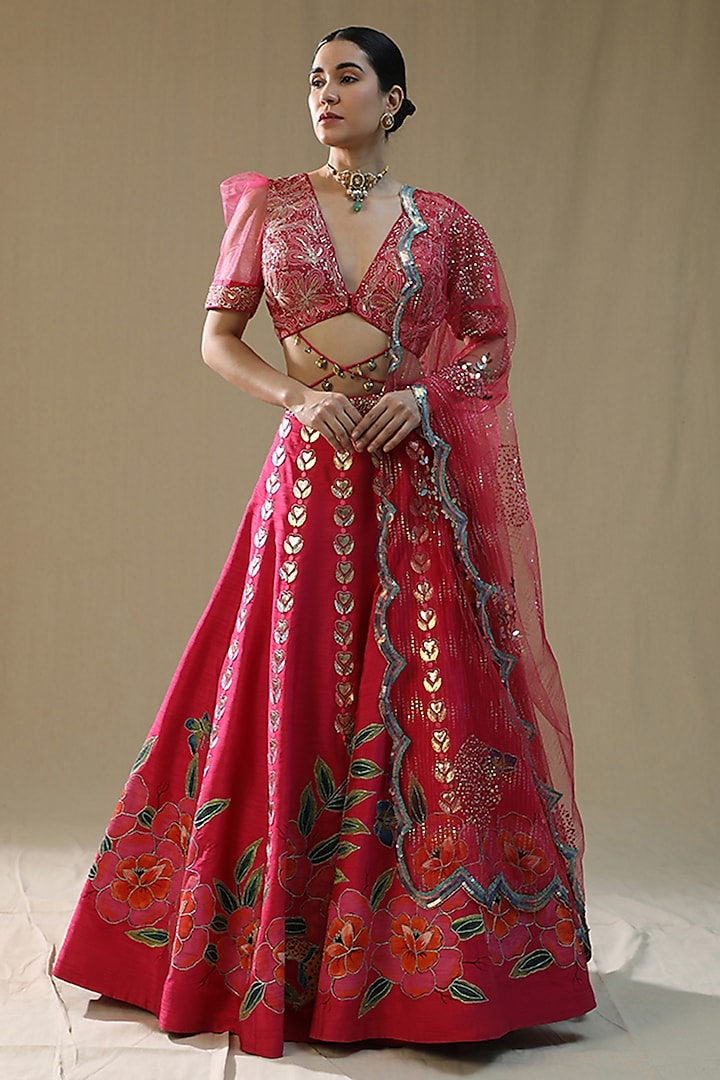 Hot Pink Raw Silk Handpainted Wedding Lehenga Set by Arpita Sulakshana at Pernia's Pop Up Shop