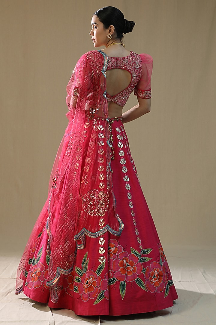 Hot Pink Raw Silk Handpainted Wedding Lehenga Set by Arpita Sulakshana at Pernia's Pop Up Shop