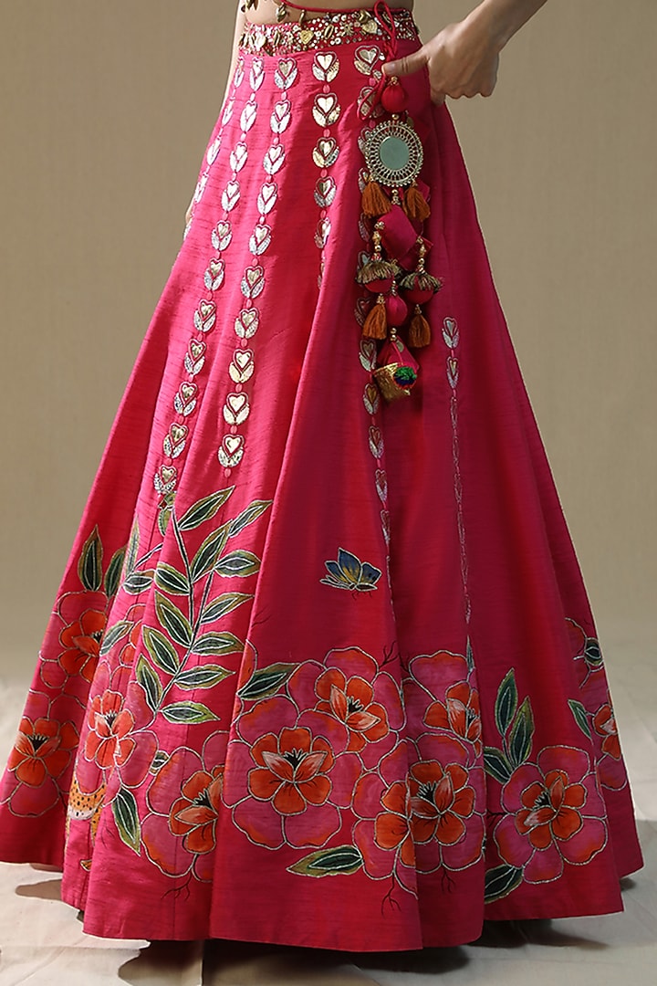 Hot Pink Raw Silk Handpainted Wedding Lehenga Set by Arpita Sulakshana at Pernia's Pop Up Shop