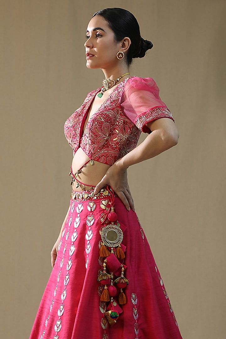 Hot Pink Raw Silk Handpainted Wedding Lehenga Set by Arpita Sulakshana at Pernia's Pop Up Shop