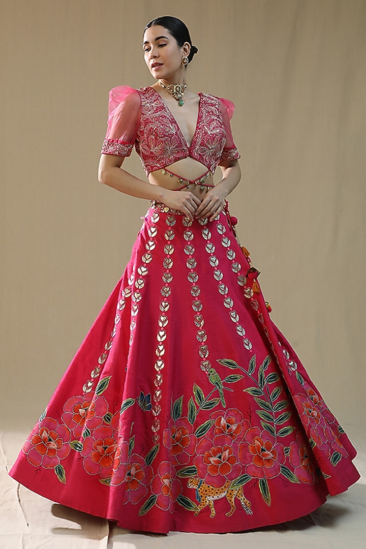 Hot Pink Raw Silk Handpainted Wedding Lehenga Set by Arpita Sulakshana at Pernia's Pop Up Shop