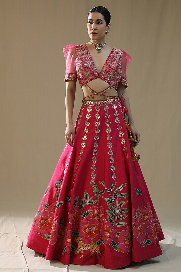 Hot Pink Raw Silk Handpainted Wedding Lehenga Set by Arpita Sulakshana at Pernia's Pop Up Shop