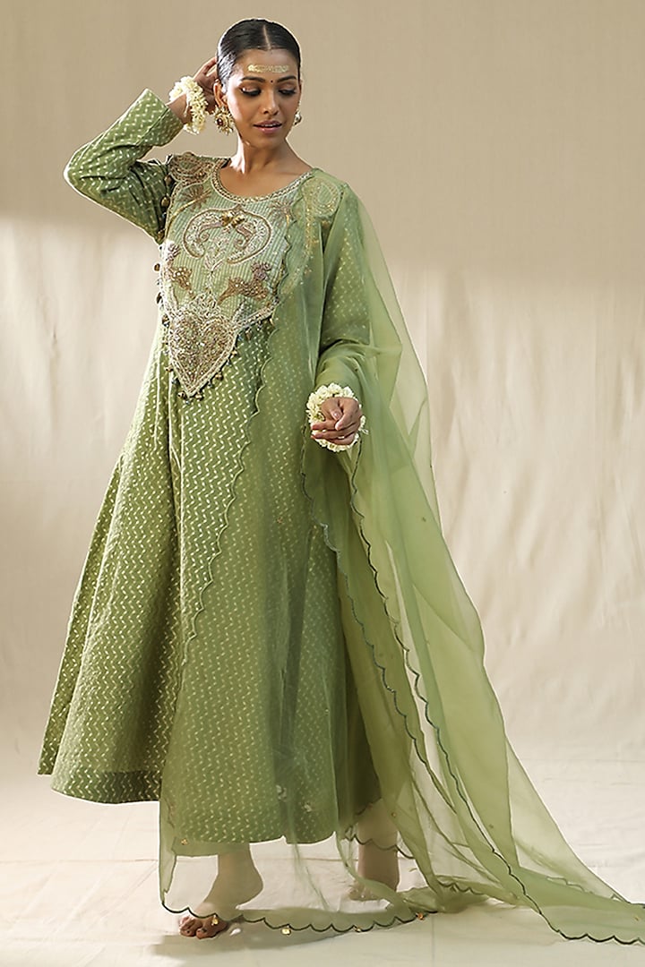 Pista Green Chanderi Silk Embroidered Kurta Set by Arpita Sulakshana at Pernia's Pop Up Shop
