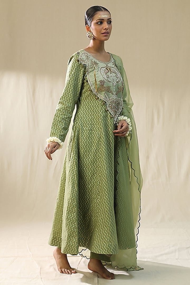 Pista Green Chanderi Silk Embroidered Kurta Set by Arpita Sulakshana at Pernia's Pop Up Shop