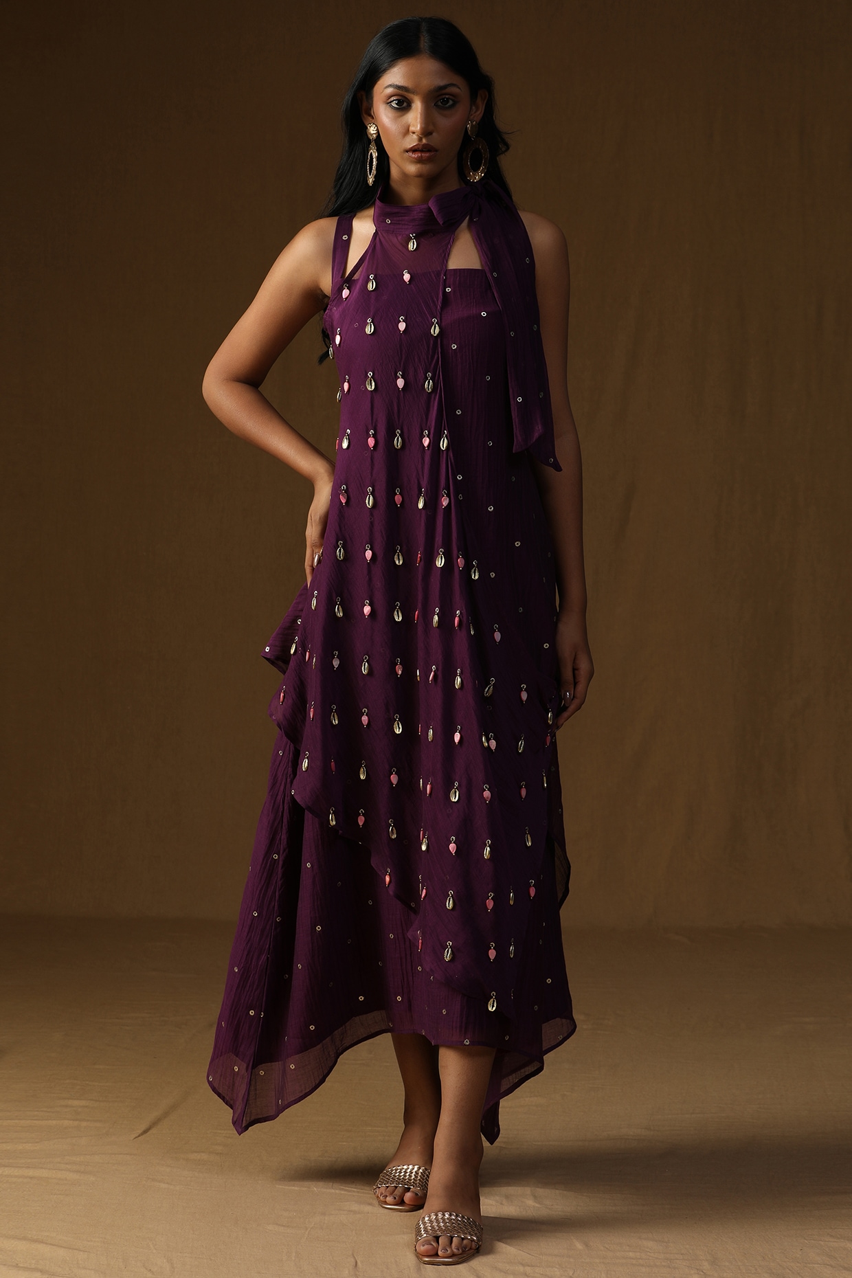 Arpita Sulakshana Purple Mul Chanderi Embellished Layered Dress