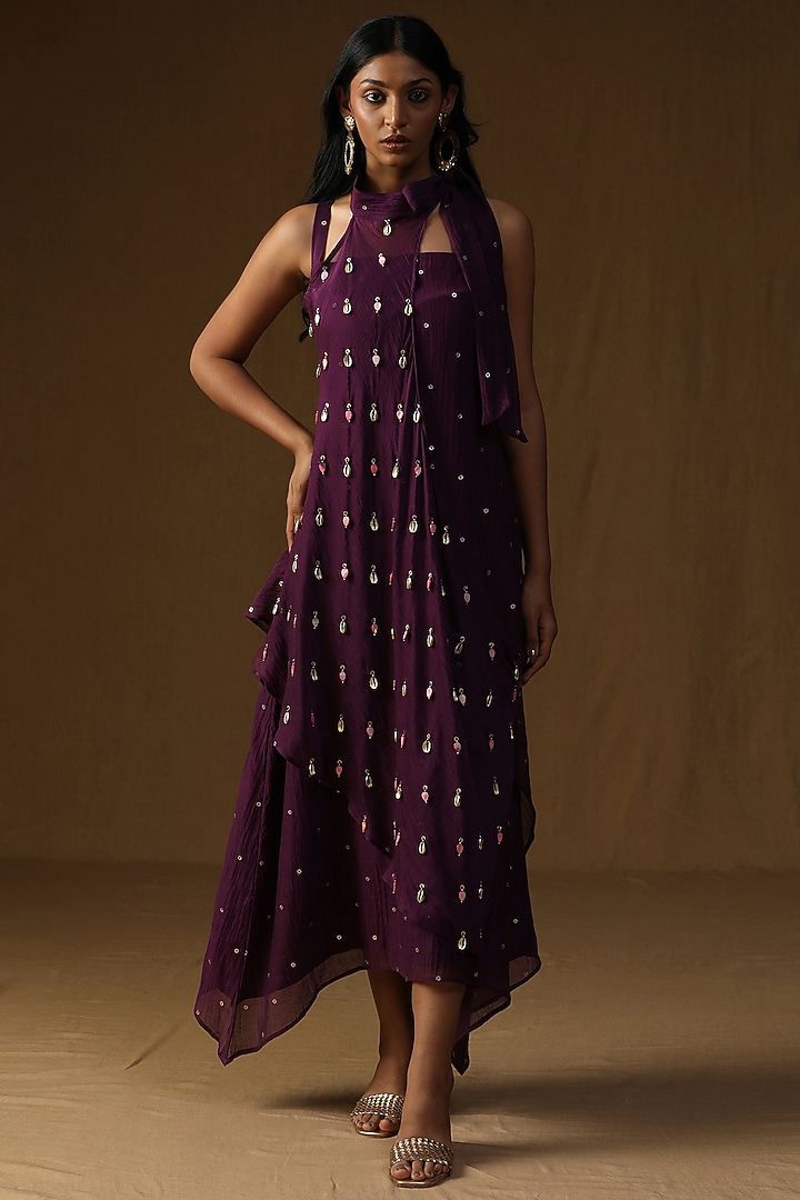 Purple Mul Chanderi Embellished Layered Summer Dress by Arpita Sulakshana at Pernia's Pop Up Shop