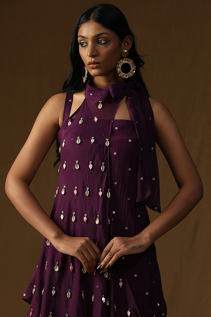 Purple Mul Chanderi Embellished Layered Summer Dress by Arpita Sulakshana at Pernia's Pop Up Shop