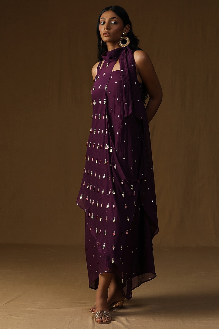 Purple Mul Chanderi Embellished Layered Summer Dress by Arpita Sulakshana at Pernia's Pop Up Shop