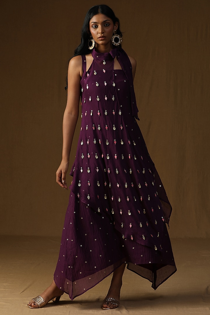 Purple Mul Chanderi Embellished Layered Summer Dress by Arpita Sulakshana at Pernia's Pop Up Shop