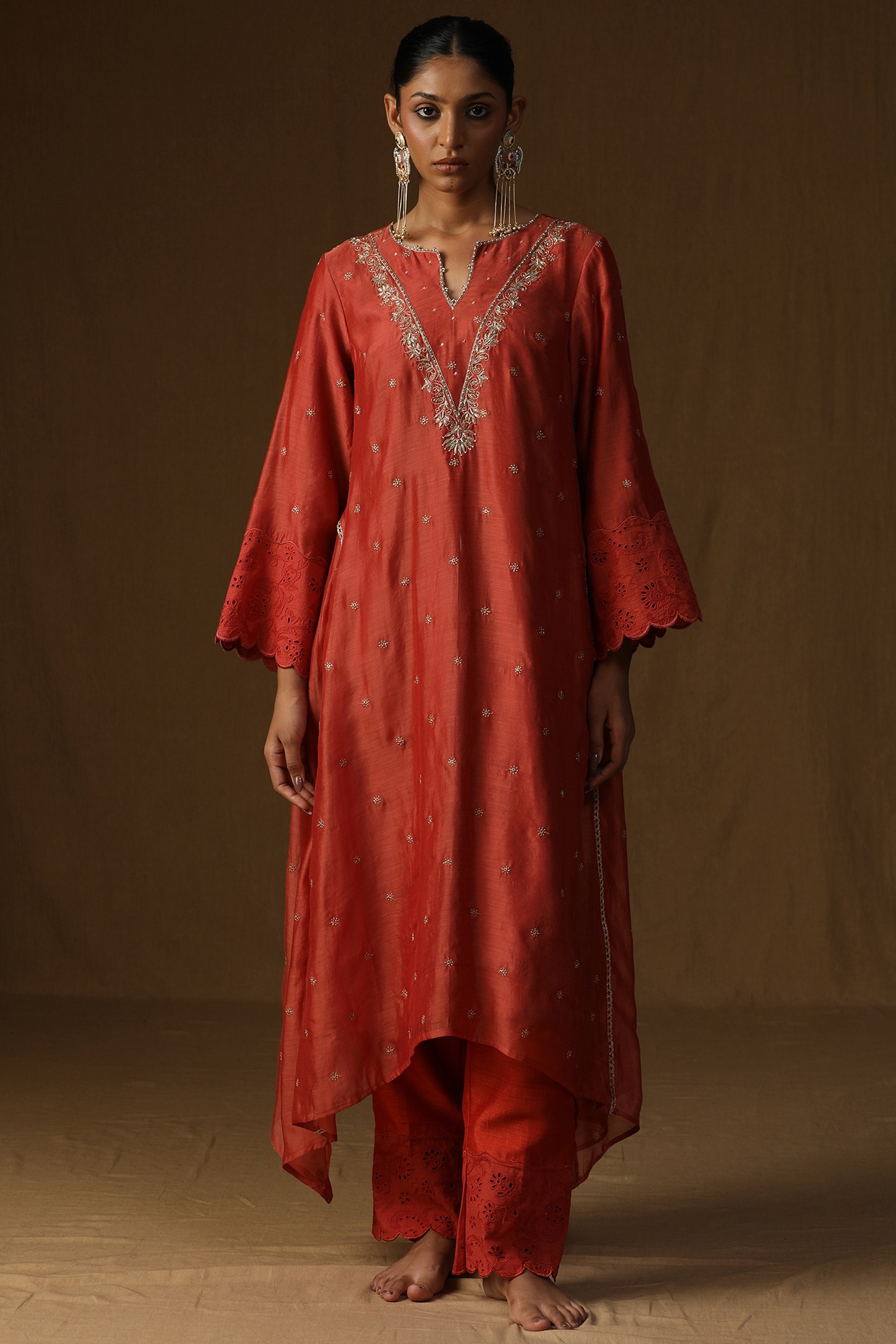 Arpita Sulakshana Orange Mul Chanderi Embroidered A-Line Kurta Set
