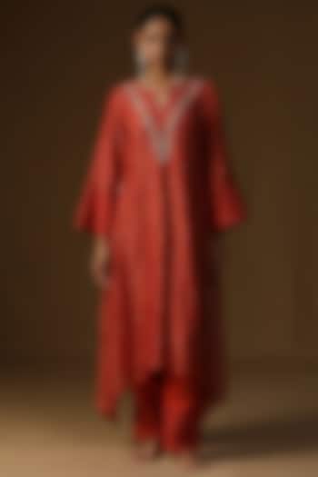 Orange Mul Chanderi Embroidered A-Line Kurta Set by Arpita Sulakshana at Pernia's Pop Up Shop