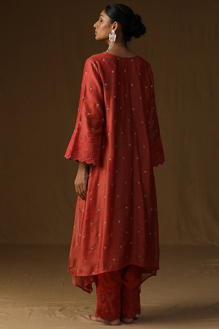 Orange Mul Chanderi Embroidered A-Line Kurta Set by Arpita Sulakshana at Pernia's Pop Up Shop